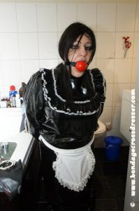French Maid Handcuffed in Bath with Large Ballgag